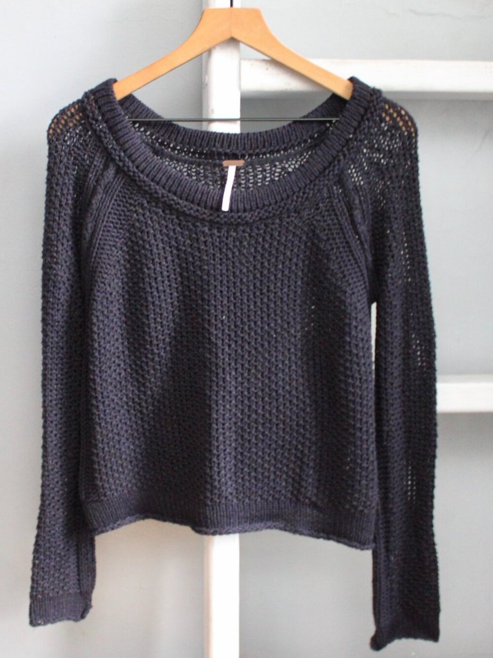 Free People Open Knit Crochet Lonl Sleeve Sweater Navy Blue Size XS